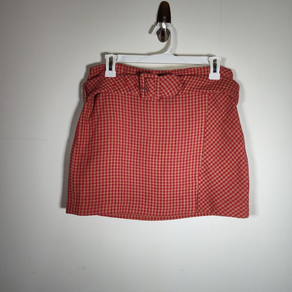 Mango Basics Red Houndstooth Belted Mini Skirt Women Size S Cotton Side Zip Slit